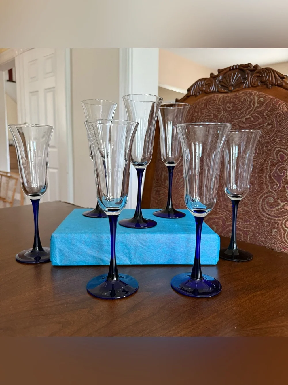 Vintage Luminarc France Cobalt Blue Stem Champagne Flutes - Set of 6 + 1 Spare